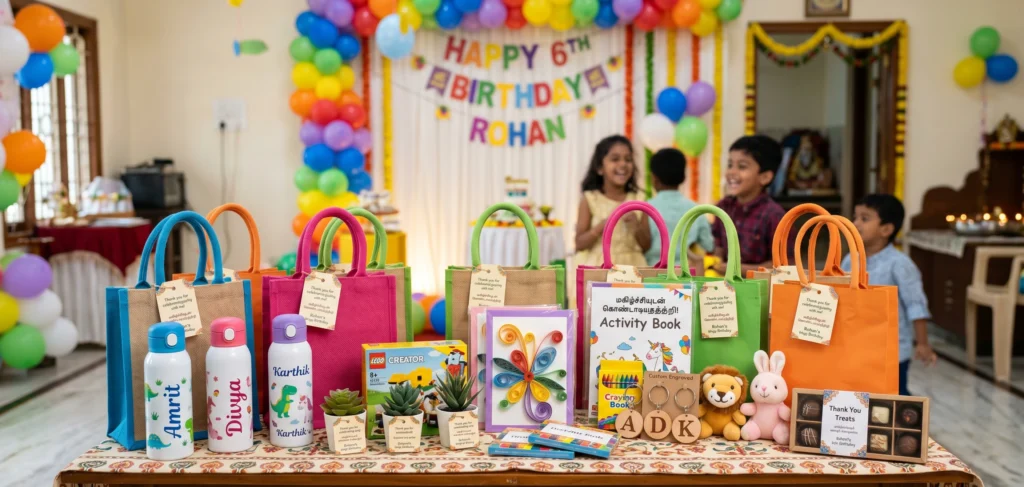 Birthday return gift setup with decorated gift table, themed gift packs, balloons, and party décor by Joyful Knots Events in Erode