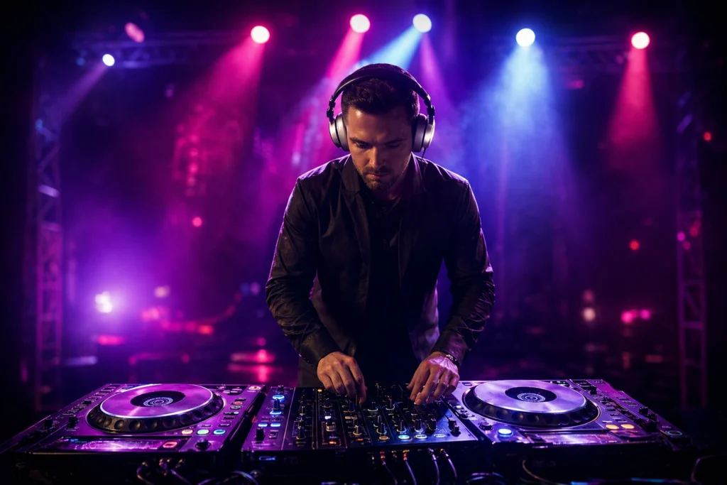 Event entertainment setup with live music, DJ performance, dance show, stage lighting, and guest engagement by Joyful Knots Events
