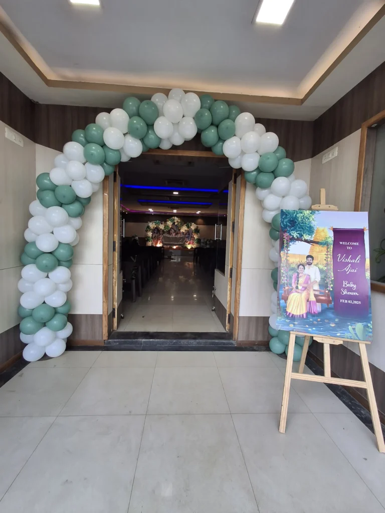 Elegant balloon arch decoration with colorful balloons, entrance setup, stage backdrop, and celebration décor by Joyful Knots Events