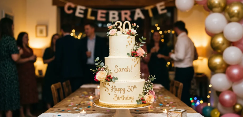 Birthday cake celebration setup with decorated cake table, balloons, flowers, and themed backdrop by Joyful Knots Events in Erode