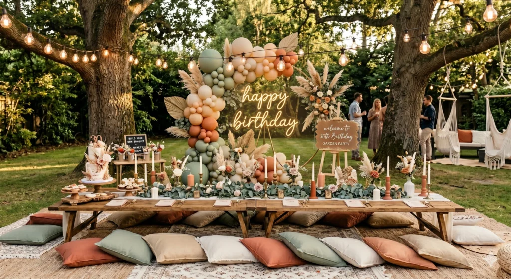 Outdoor birthday party decoration with balloon setup, themed backdrop, lighting, and cake table by Joyful Knots Events in Erode